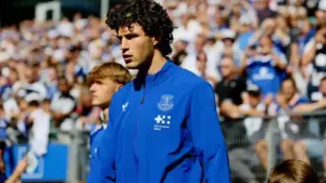 Merlin Rohl right-back Everton: Merlin Röhl wearing an Everton jacket.
